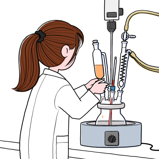 化学合成実験のイラスト。瀬パラブルフラスコに滴下ロート、ジムロート（韓流艦）、温度計、撹拌モーターを取り付けて、理系女子（リケジョ）が合成実験を行なっている。
