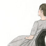 座りポーズの女性の手描き水彩イラスト。